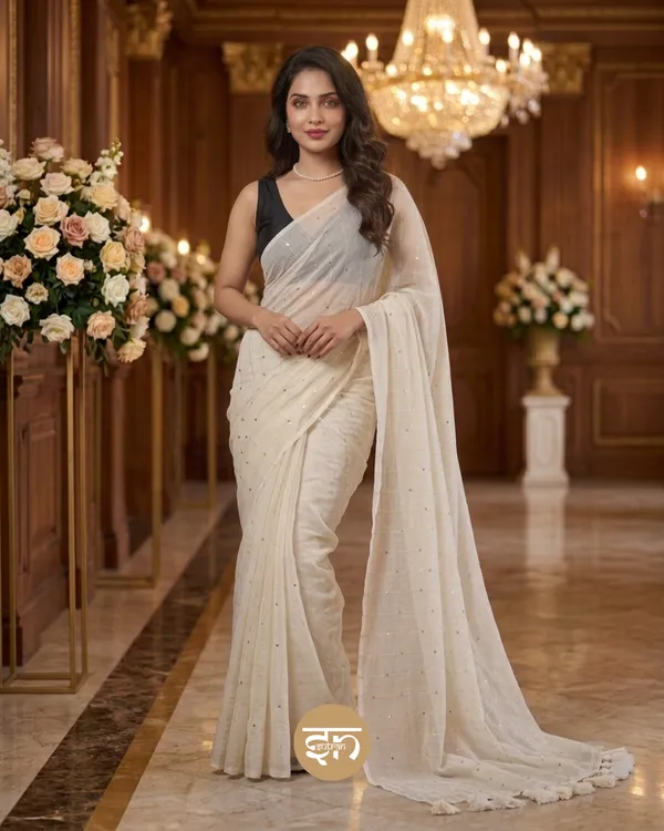 Sunehri_Sitare:_White_Mul_Cotton_Saree_With_Sequin_Work_For_Women
