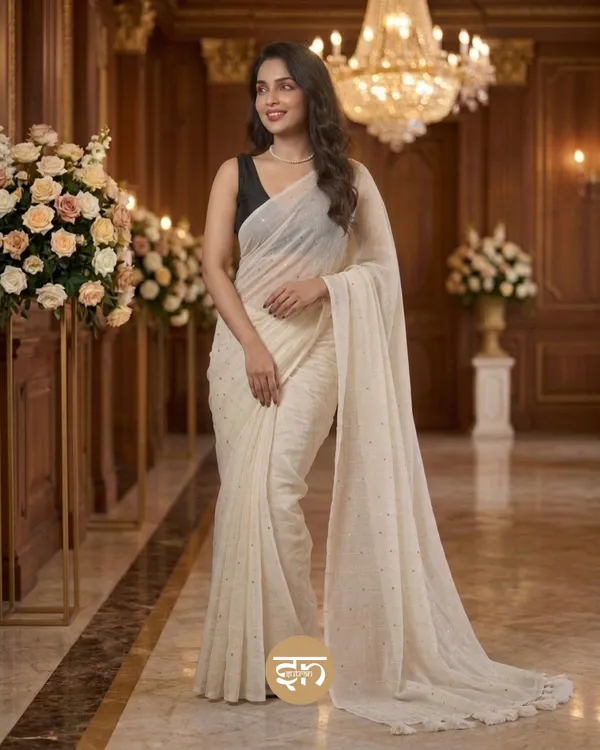 Sunehri_Sitare:_White_Mul_Cotton_Saree_With_Sequin_Work_For_Women