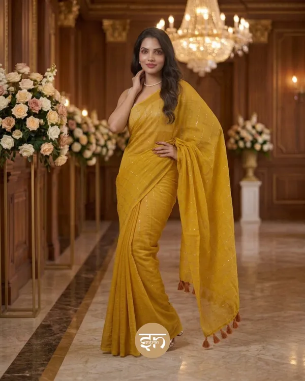 Sunehri_Sitare:_Yellow_Mul_Cotton_Saree_With_Sequin_Work_For_Women