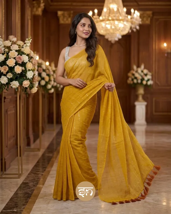 Sunehri_Sitare:_Yellow_Mul_Cotton_Saree_With_Sequin_Work_For_Women