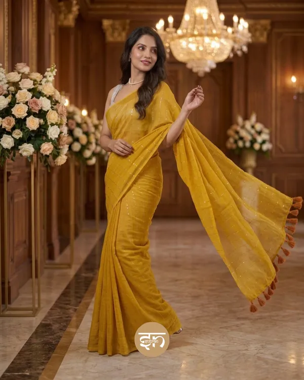 Sunehri_Sitare:_Yellow_Mul_Cotton_Saree_With_Sequin_Work_For_Women