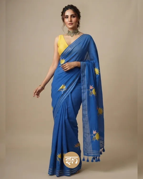 Gulbahar:_Royal_Blue_Mul_Cotton_Saree_With_Embroidery_&_Sequin_Work_For_Womenn