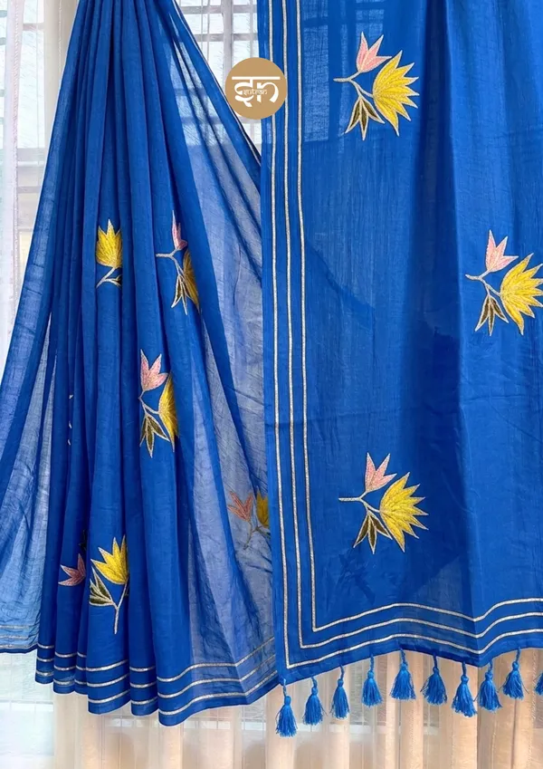 Gulbahar:_Royal_Blue_Mul_Cotton_Saree_With_Embroidery_&_Sequin_Work_For_Womenn