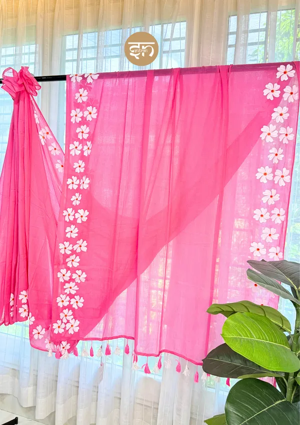 Shilpi_Shiuli:_Pink_&_White_Mul_Cotton_Saree_With_Hand-Painted_Work_For_Women
