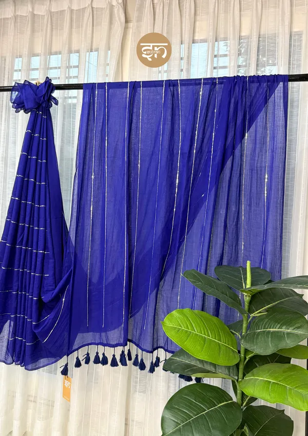 Jashn-E-Bahara:_Royal_Blue_&_Silver_Mul_Cotton_Saree_With_Sequin_Work_For_Women