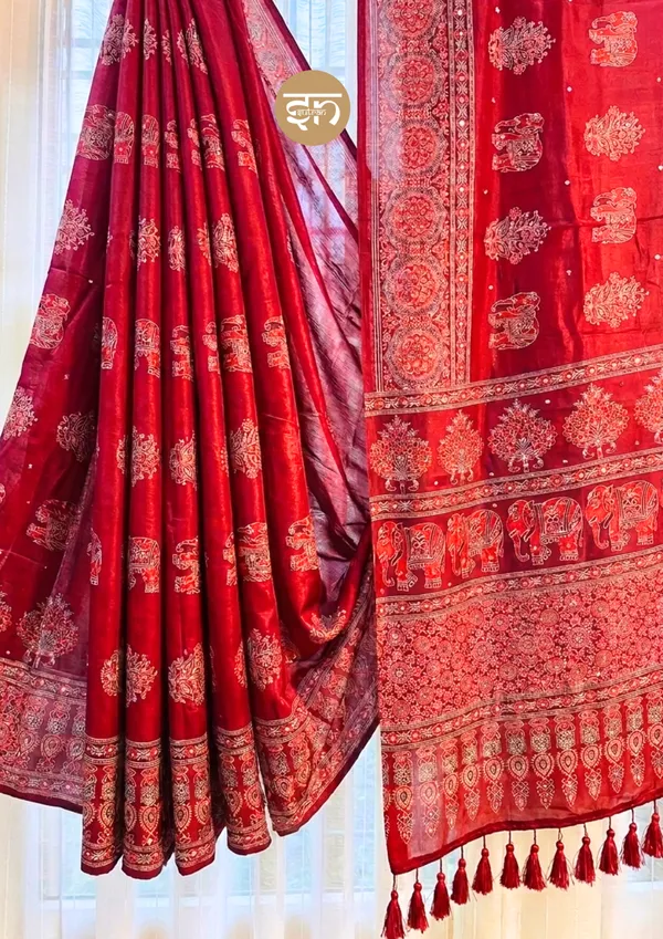 Sheesh_Chic:_Red_Japan_Satin_Saree_with_Detailed_Ajrakh_Print_with_Mirror_Work
