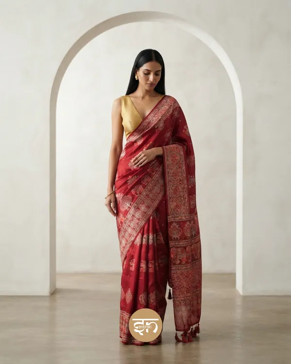 Sheesh_Chic:_Red_Japan_Satin_Saree_with_Detailed_Ajrakh_Print_with_Mirror_Work
