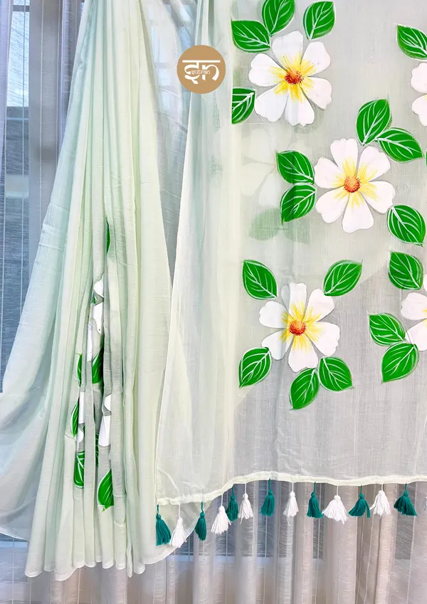 Ever_Blooming:_White_&_Green_Mul_Cotton_Saree_With_Hand-Painted_Work_For_Women