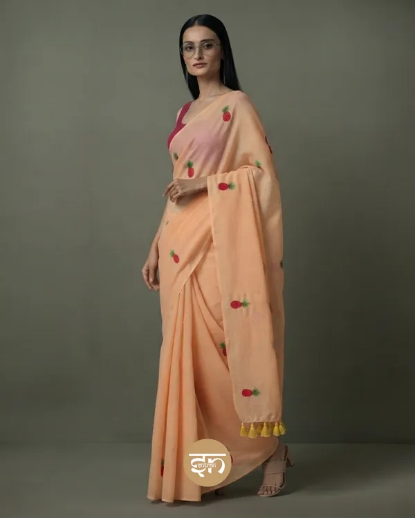 Tooty_Fruity:_Beige_&_Pink_Mul_Cotton_Saree_With_Embroidery_Work_For_Women