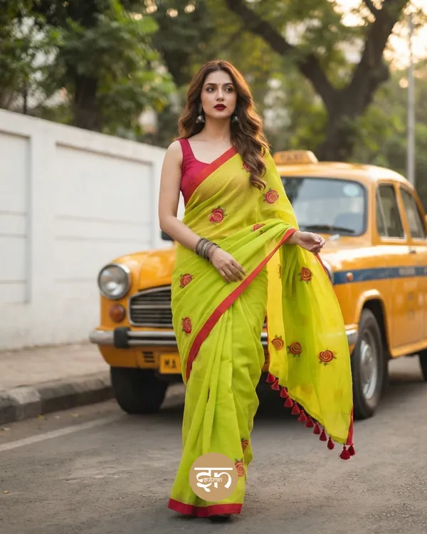 Seli_Fulkari:_Lime_Green_Pure_Mul_Cotton_Saree_With_Embroidery_Work_For_Women