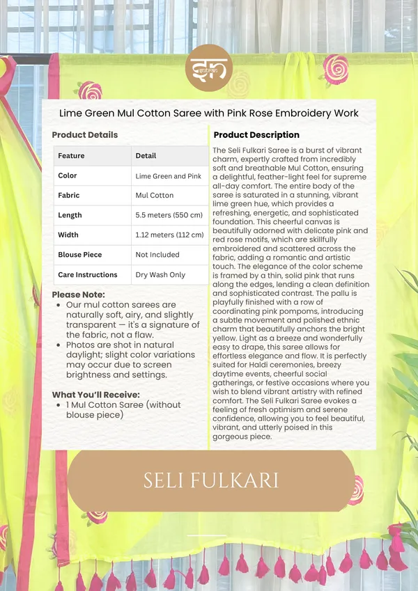 Seli_Fulkari:_Lime_Green_Pure_Mul_Cotton_Saree_With_Embroidery_Work_For_Women