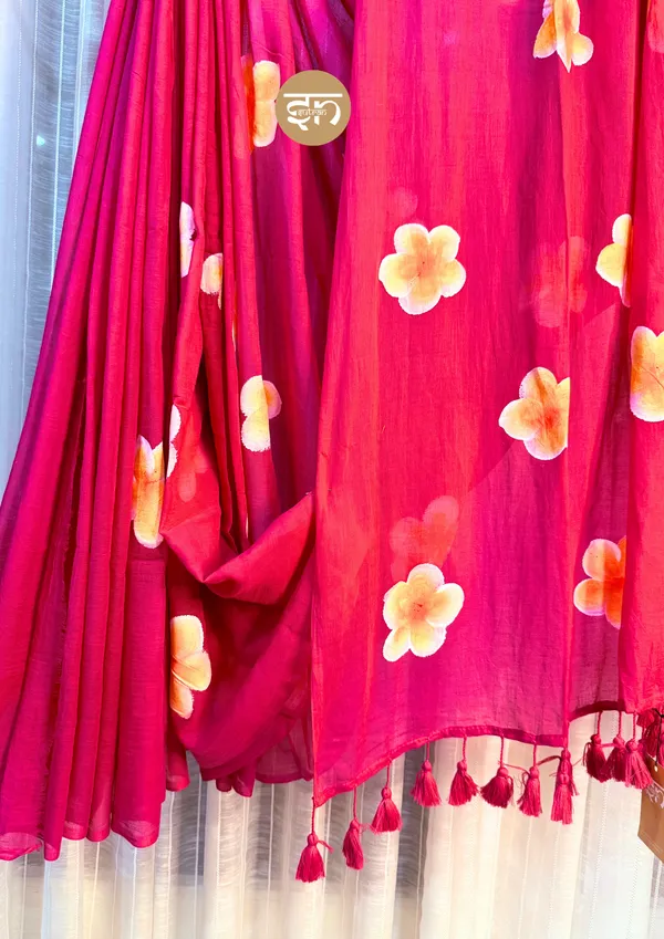 Ever_Blooming:_Pink_&_Yellow_Mul_Cotton_Saree_With_Hand-Painted_Work_For_Women