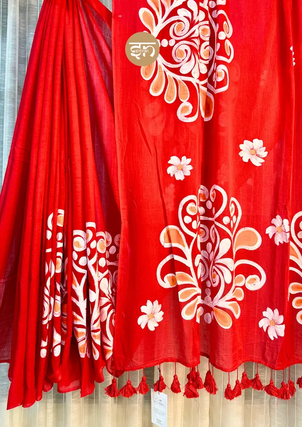 Rangbahari:_Red_&_White_Mul_Cotton_Saree_With_Hand-Painted_Work_For_Women