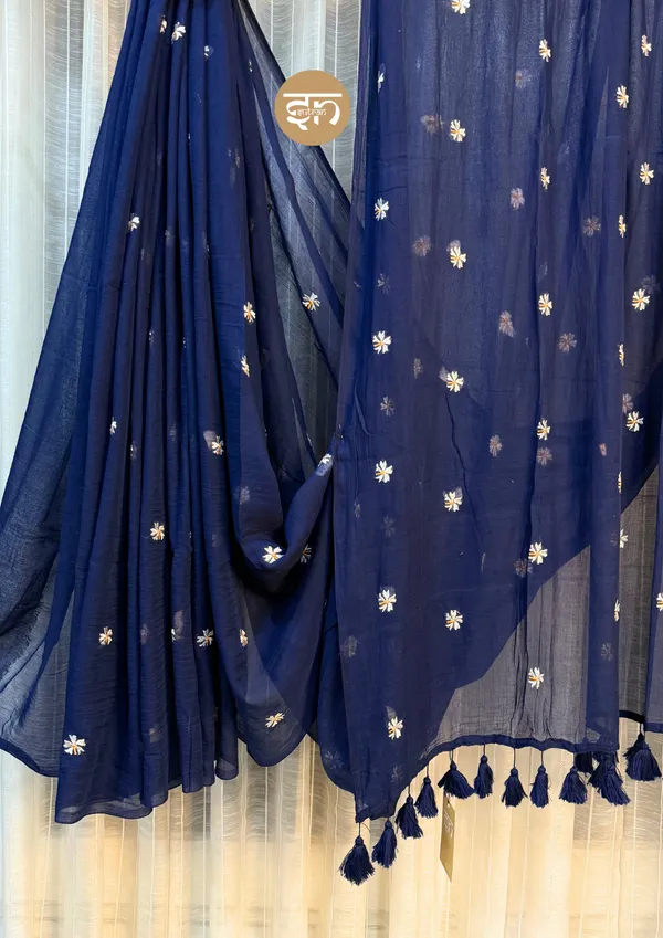 Truly_Shiuli:_Blue_Mul_Cotton_Saree_With_Embroidery_Work_For_Women