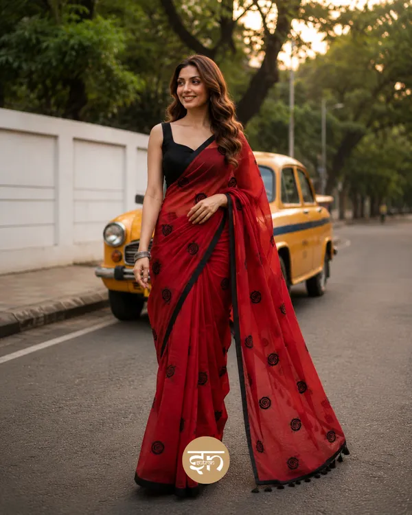 Seli_Fulkari:_Red_Pure_Mul_Cotton_Saree_with_All-Over_Rose_Embroidery_Work