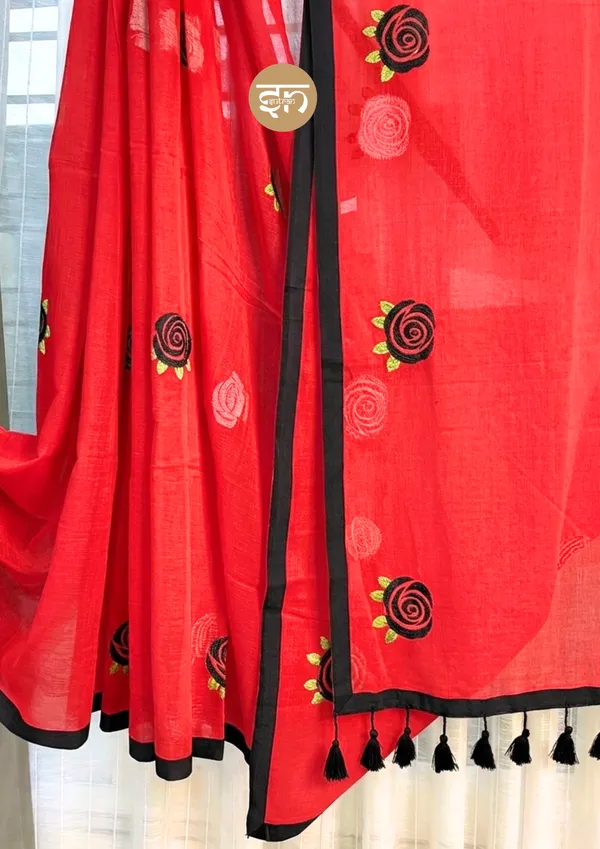 Seli_Fulkari:_Red_Pure_Mul_Cotton_Saree_with_All-Over_Rose_Embroidery_Work