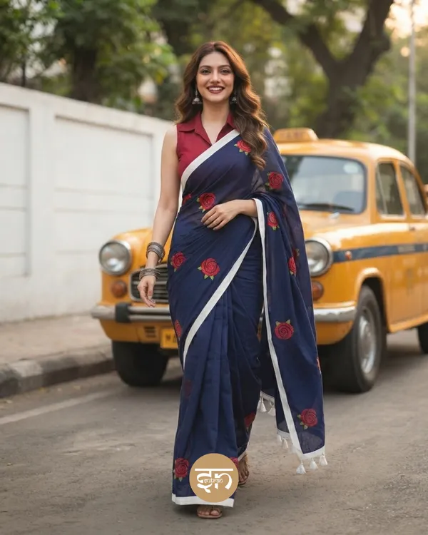 Seli_Fulkari:_Navy_Blue_Pure_Mul_Cotton_Saree_with_All-Over_Rose_Embroidery_Work