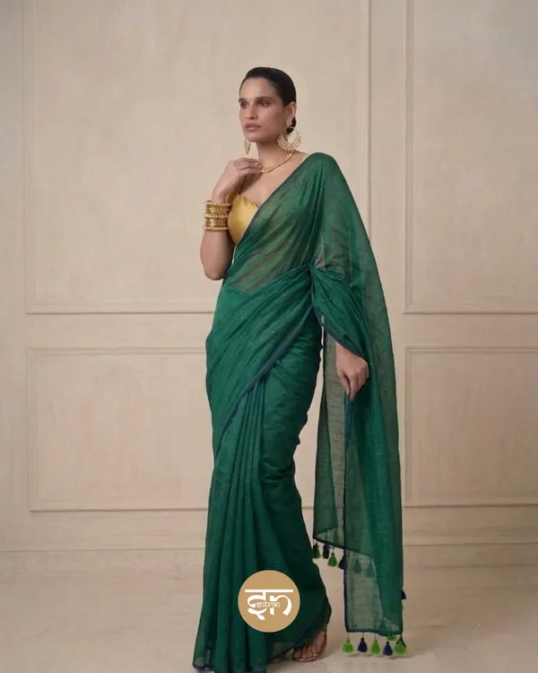 Sunehri_Sitare:_Green-Blue_Dual-Tone_Mul_Cotton_Saree_With_Sequin_Work_For_Women
