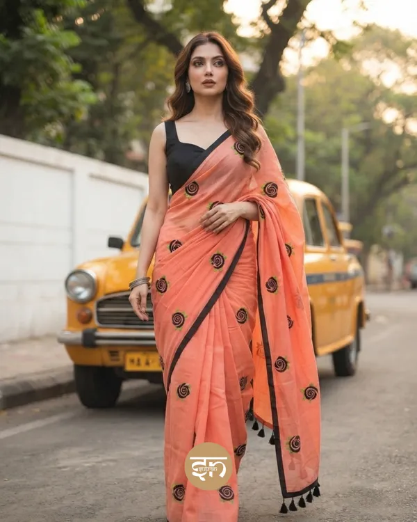 Seli_Fulkari:_Peach_Pure_Mul_Cotton_Saree_with_All-Over_Rose_Embroidery_Work