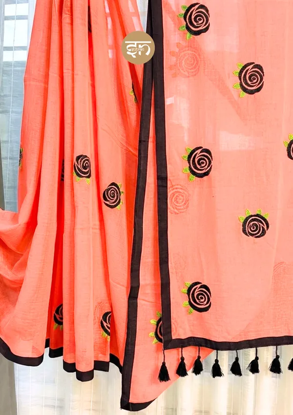 Seli_Fulkari:_Peach_Pure_Mul_Cotton_Saree_with_All-Over_Rose_Embroidery_Work