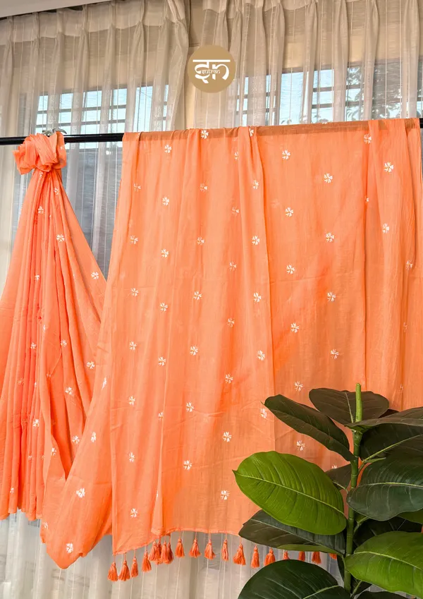 Truly_Shiuli:_Orange_Mul_Cotton_Saree_With_Embroidery_Work_For_Women