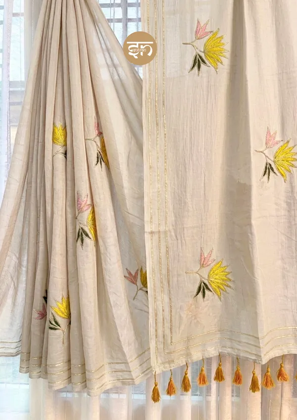 Gulbahar:_Beige_Mul_Cotton_Saree_With_Embroidery_&_Sequin_Work_For_Women