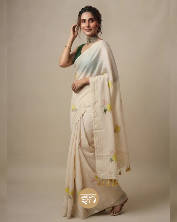 Gulbahar:_Beige_Mul_Cotton_Saree_With_Embroidery_&_Sequin_Work_For_Women