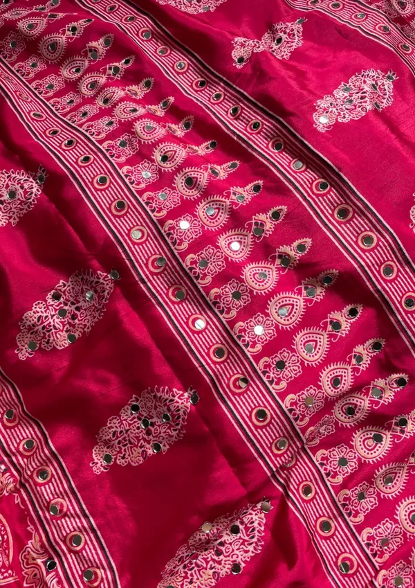 Sheesh_Chic:_Pink_Japan_Satin_Saree_with_Detailed_Ajrakh_Print_with_Mirror_Work