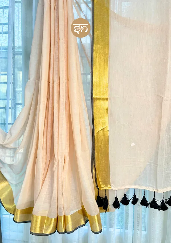 Anuragini:_Beige,_Golden_&_Black_Mul_Cotton_Saree_For_Women