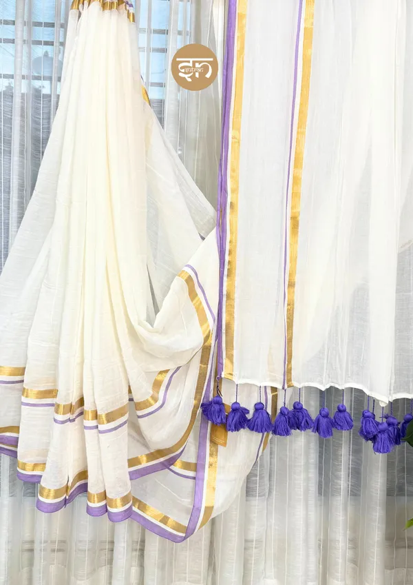 Chandragini:_White_&_Purple_Mul_Cotton_Saree_For_Women