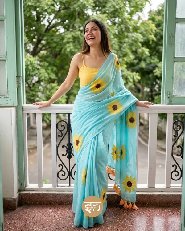Suraj_Hua_Madhyam:_Sky_Blue_&_Yellow_Mul_Cotton_Saree_With_Hand-Painted_Work_For_Women