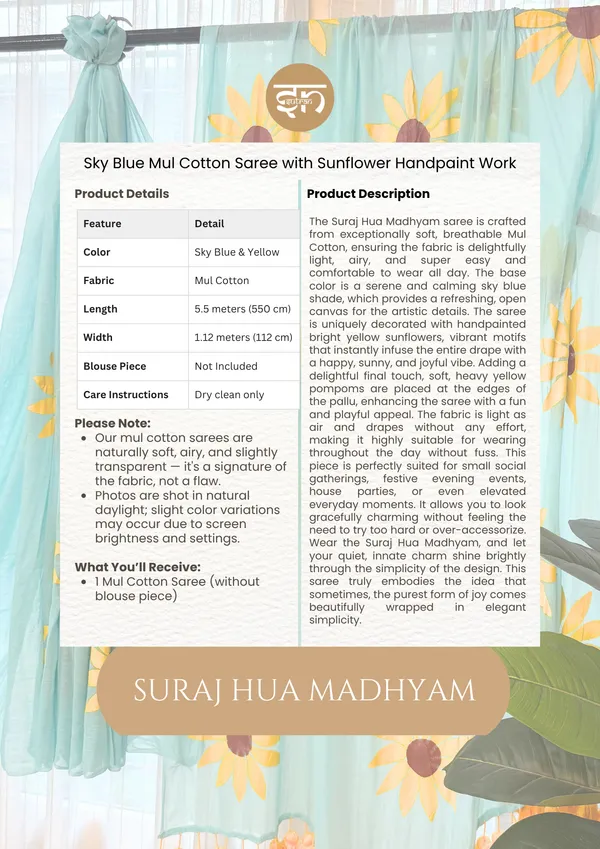 Suraj_Hua_Madhyam:_Sky_Blue_&_Yellow_Mul_Cotton_Saree_With_Hand-Painted_Work_For_Women
