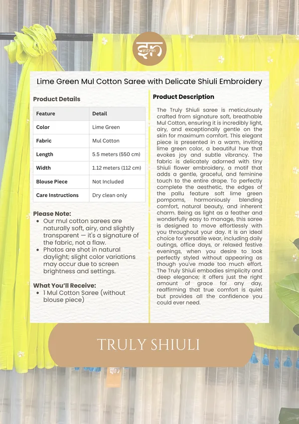Truly_Shiuli:_Lime_Green_Mul_Cotton_Saree_With_Embroidery_Work_For_Women