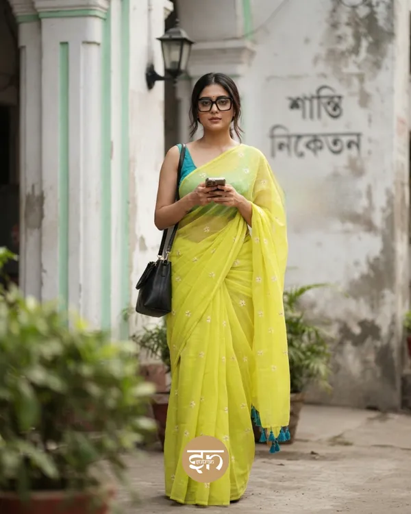 Truly_Shiuli:_Lime_Green_Mul_Cotton_Saree_With_Embroidery_Work_For_Women