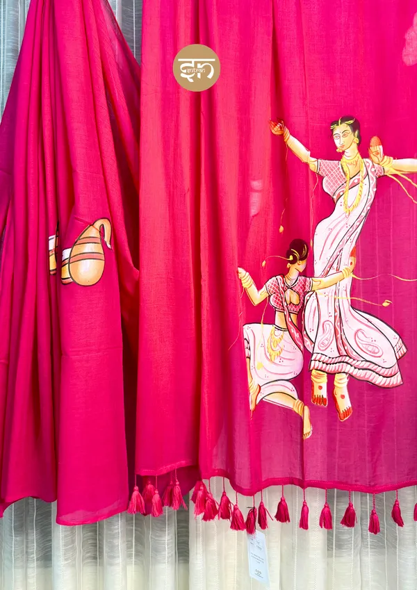 Dola_Re:_Pink_&_Multicolor_Mul_Cotton_Saree_With_Hand-Painted_Work_For_Women
