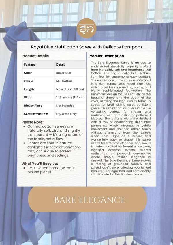 Bare_Elegance:_Royal_Blue_Mul_Cotton_Saree_For_Women