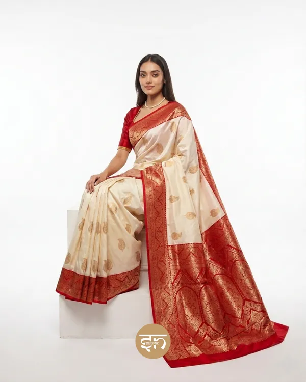 Swarnaabir:_Red_&_White_Katan_Silk_Saree_For_Women