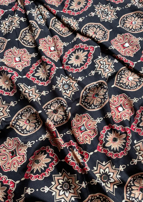 Sheesh_Chic:_Black_Japan_Satin_Saree_with_Detailed_Ajrakh_Print_with_Mirror_Work