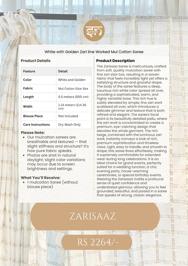 Zarisaaz:_White_&_Golden_Mul_Cotton_Sitar_Box_Saree_For_Women