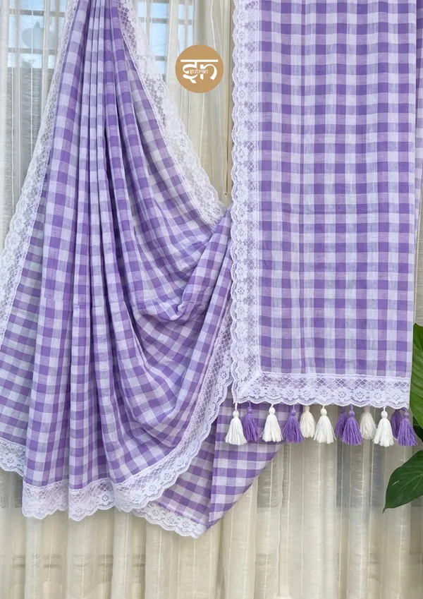 Feather_Loom_Threads:_Lavender_Pure_Mul_Cotton_Gingham_Saree_with_Lace_Border
