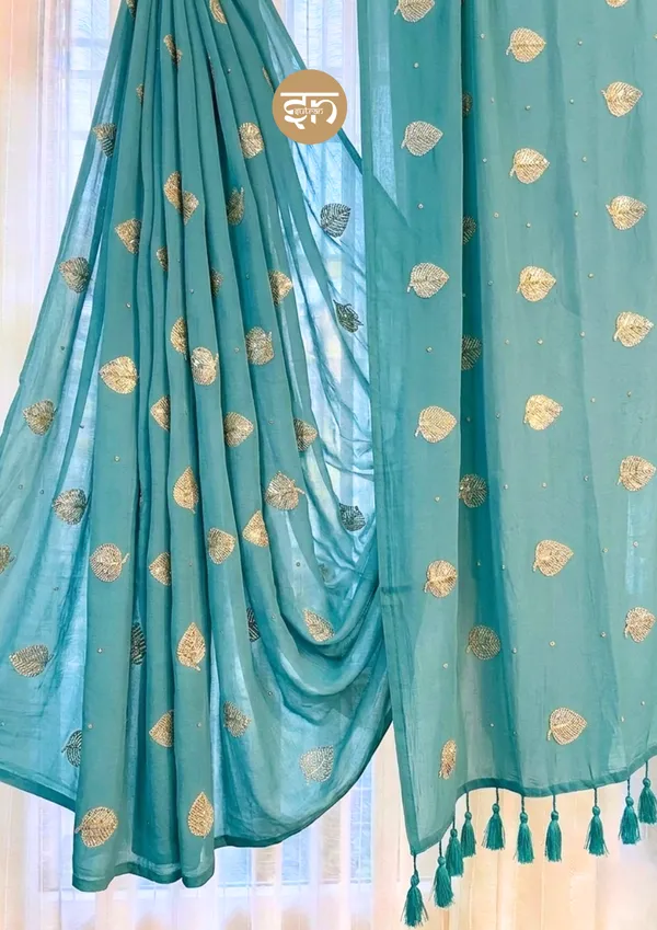 Moonlit_Leaves:_Beach_Blue_Pure_Mul_Cotton_Saree_with_Elegant_Leaf_Sequin_Embroidery_Work