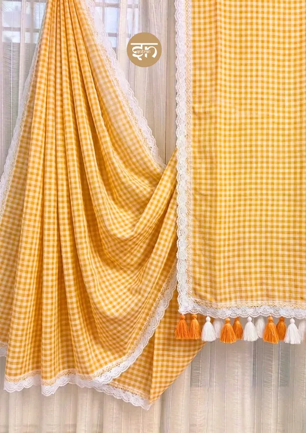 Feather_Loom_Threads:_Yellow_Ochre_Pure_Mul_Cotton_Gingham_Saree_with_Lace_Border