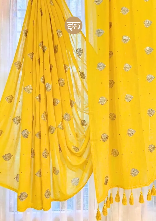 Moonlit_Leaves:_Yellow_Pure_Mul_Cotton_Saree_with_Elegant_Leaf_Sequin_Embroidery_Work