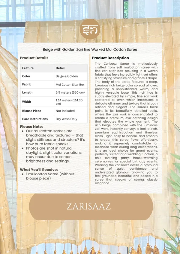 Zarisaaz:_Beige_&_Golden_Mul_Cotton_Sitar_Box_Saree_For_Women