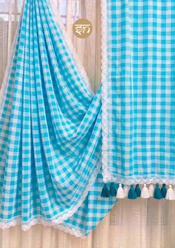 Feather_Loom_Threads:_Sky_Blue_Pure_Mul_Cotton_Gingham_Saree_with_Lace_Border