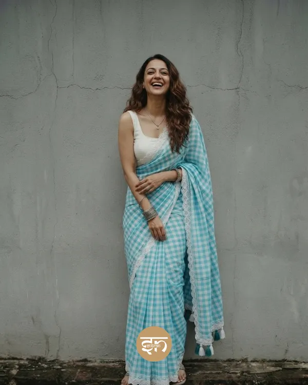 Feather_Loom_Threads:_Sky_Blue_Pure_Mul_Cotton_Gingham_Saree_with_Lace_Border