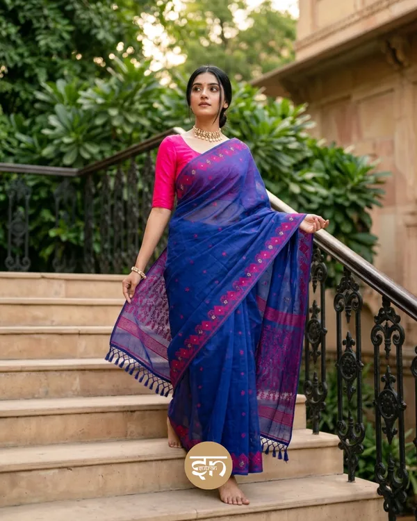 Mohona_Jamdani:_Indigo_Blue_Soft_Jamdani_Saree_with_Detailed_Work