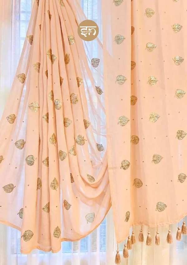 Moonlit_Leaves:_Beige_Pure_Mul_Cotton_Saree_with_Elegant_Leaf_Sequin_Embroidery_Work