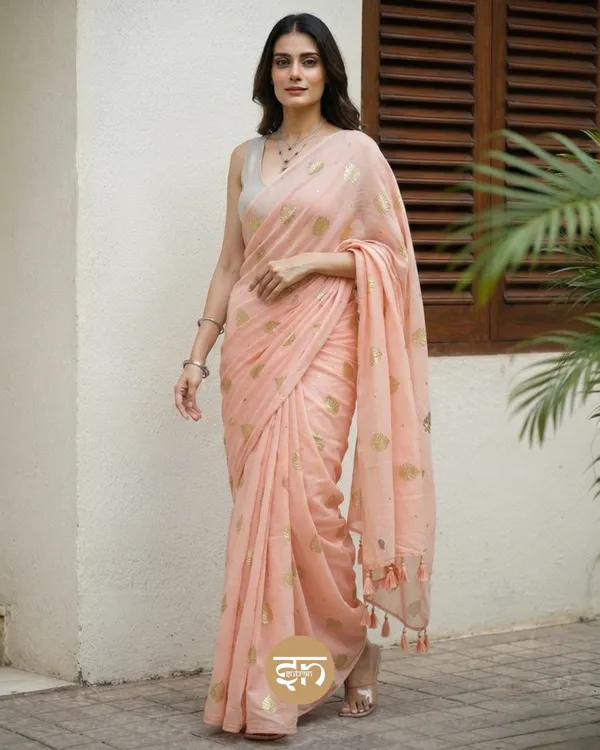 Moonlit_Leaves:_Beige_Pure_Mul_Cotton_Saree_with_Elegant_Leaf_Sequin_Embroidery_Work