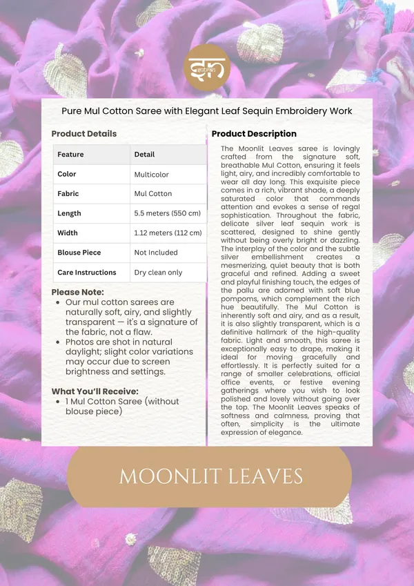 Moonlit_Leaves:_Beige_Pure_Mul_Cotton_Saree_with_Elegant_Leaf_Sequin_Embroidery_Work